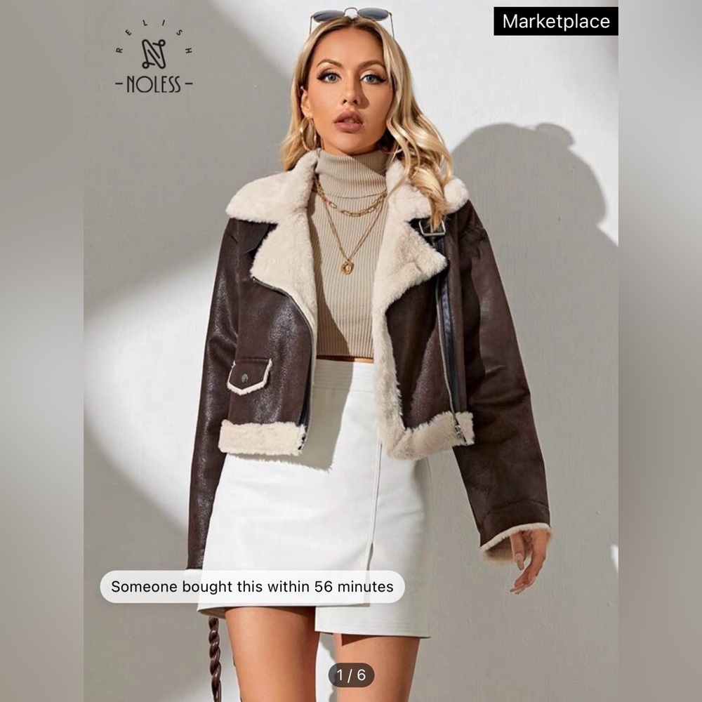 Faux Fur Brown Shearling Bomber Moto Jacket Médium 4
